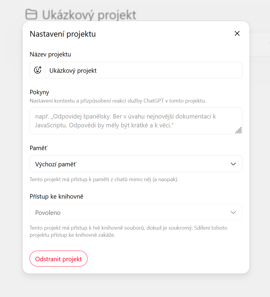 Nastavení projektu v ChatGPT s volbou paměti a přístupu ke knihovně
